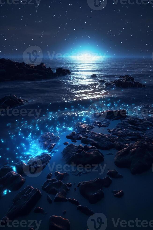 océan rive à nuit, le l'eau est plein de dinoflagellés, embrasé avec des millions brillant bleu néon lueur dans le foncé minuscule points. ai génératif photo