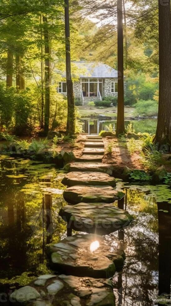 lumineux granit faire un pas des pierres de premier plan à chalet dans milieu de étang. ai génératif photo