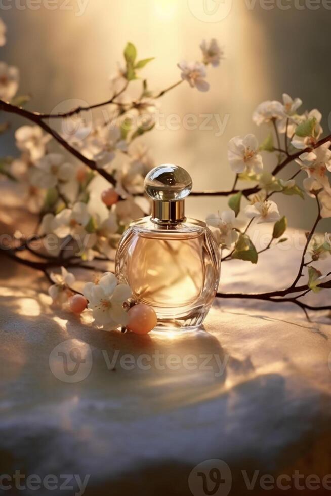 encore la vie la photographie, transparent parfum bouteille dans le centre, des pierres, branches, fleurs. ai génératif photo