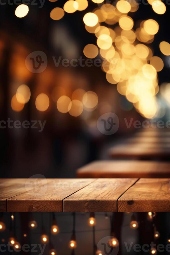 image de en bois table dans de face de abstrait flou Contexte de restaurant lumières. ai génératif photo