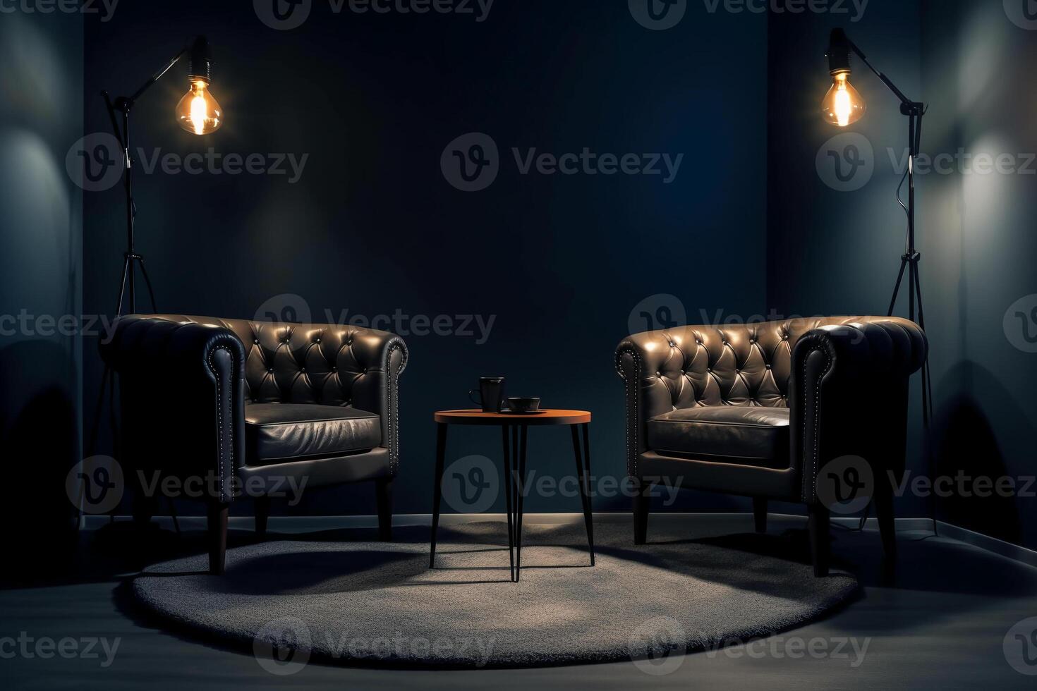 deux chaises et projecteurs dans Podcast ou entretien pièce sur foncé Contexte. ai génératif photo