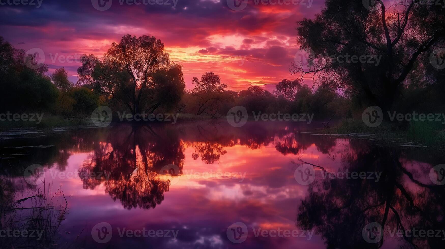 une scène dans lequel le tout rose ciel est réfléchi dans le l'eau. ai génératif photo