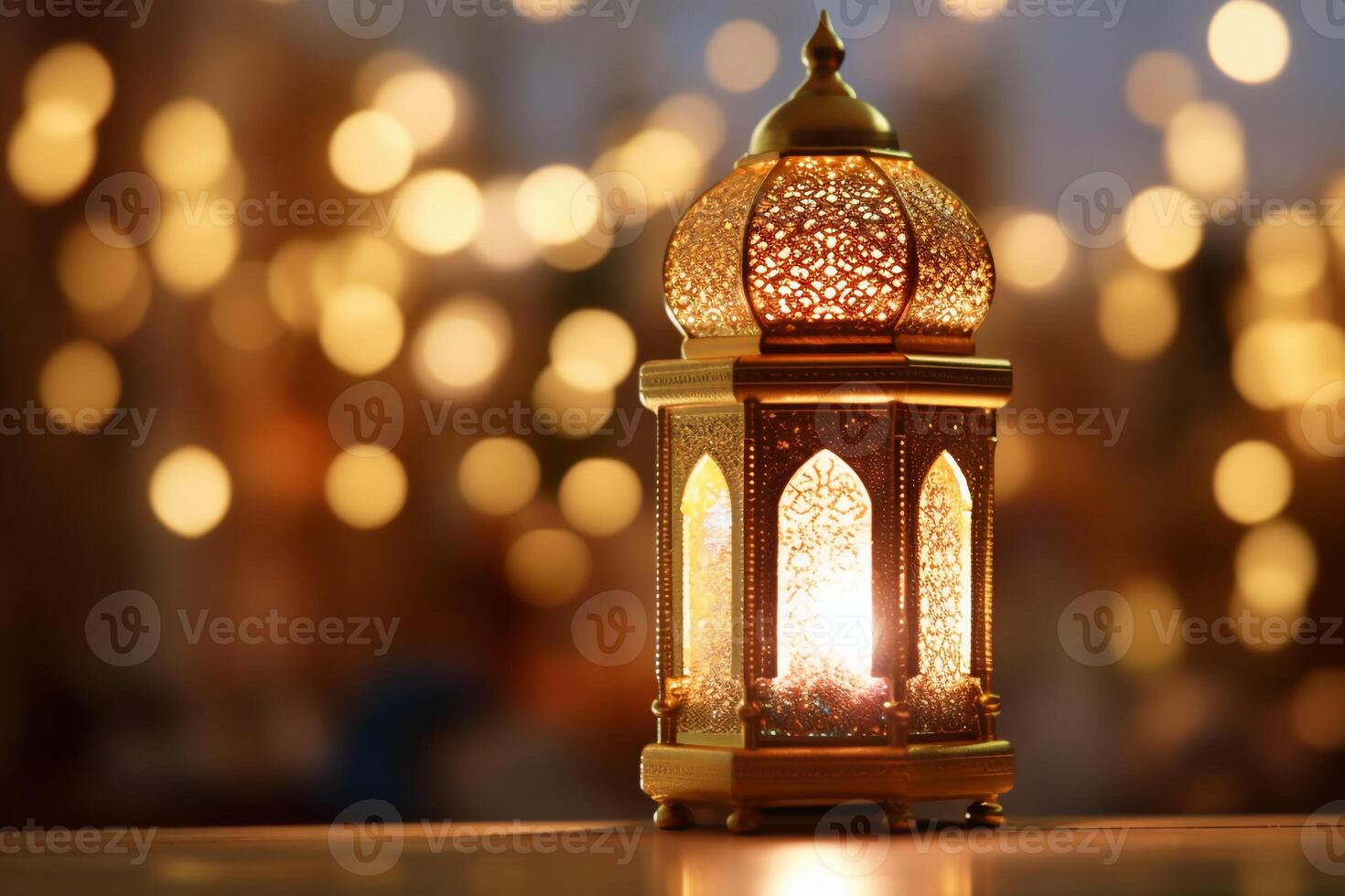 original traditionnel fleuri Oriental lanterne avec magnifique bokeh de vacances lumières et mosquée dans Contexte. ai génératif photo