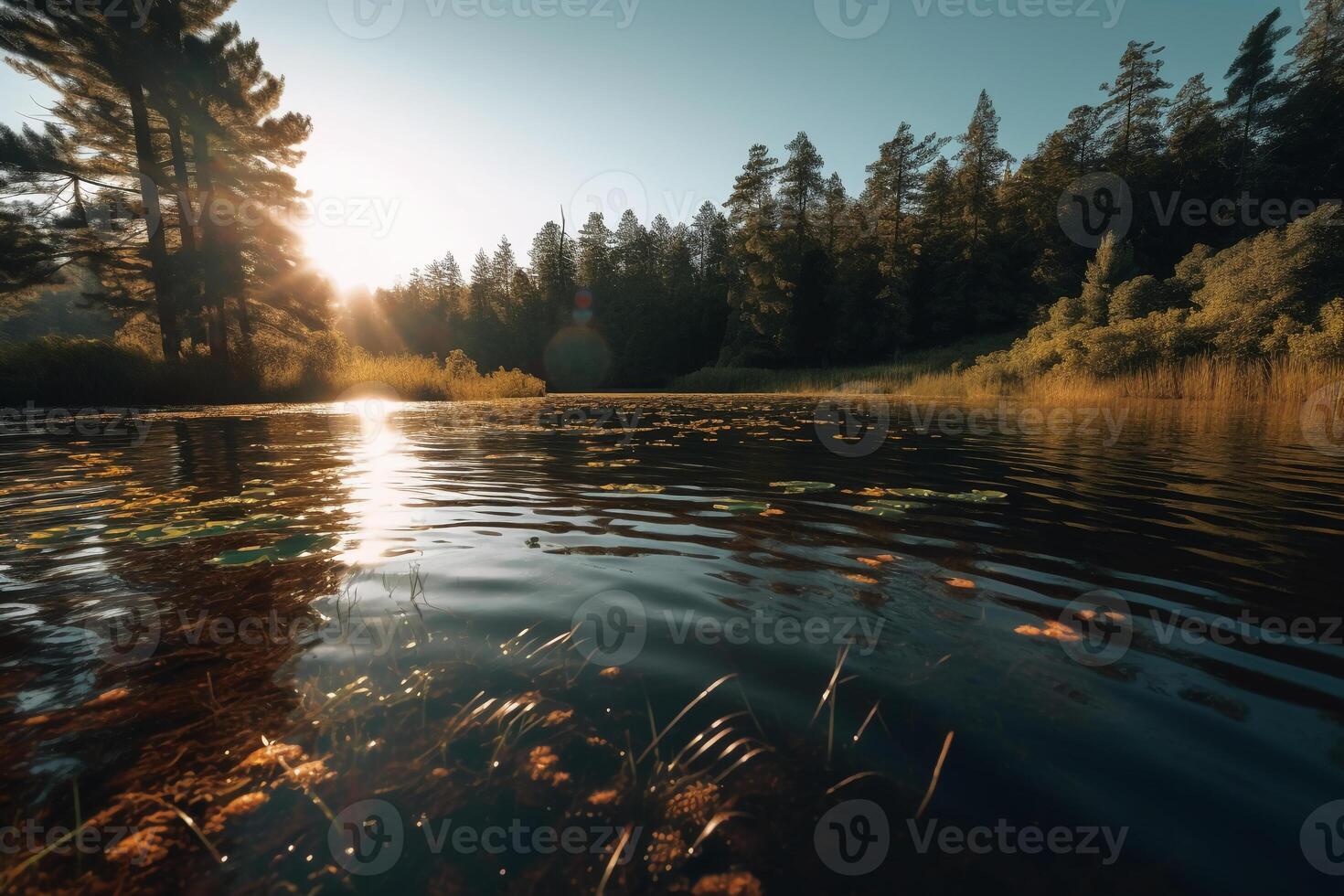 lac, croustillant radiant reflets, lumière du soleil luisant. ai génératif photo
