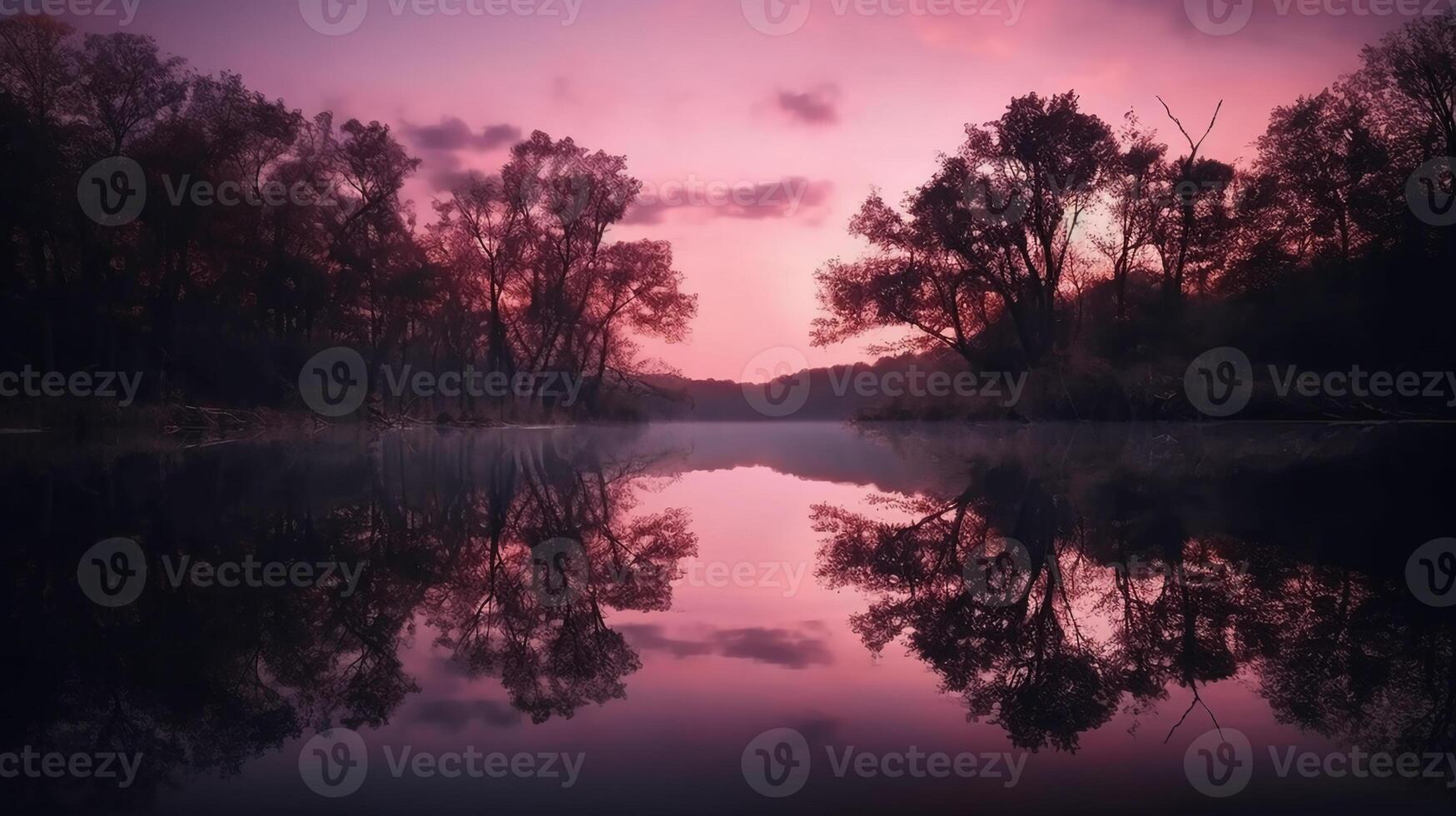 une scène dans lequel le tout violet ciel est réfléchi dans le l'eau. ai génératif photo