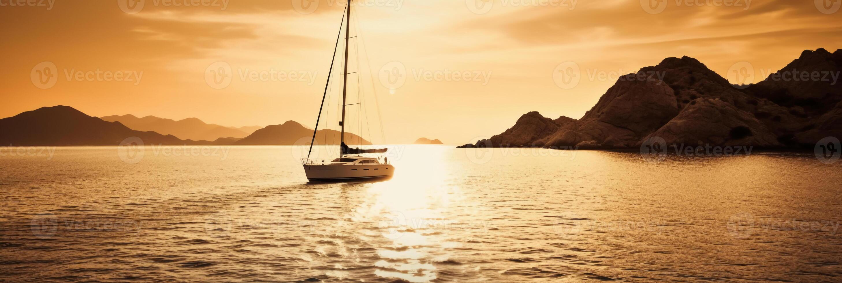 luxe yacht voile dans le milieu de le mer à côté de un île et montagnes dans le horizon à le coucher du soleil comme large bannière. ai génératif photo