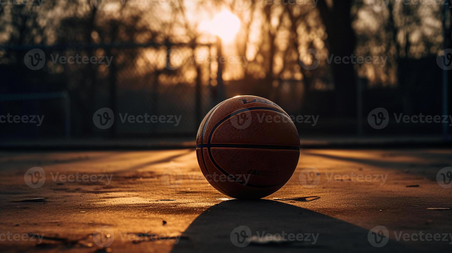 une photographe de une basketball sur une tribunal à coucher de soleil,. ai génératif photo