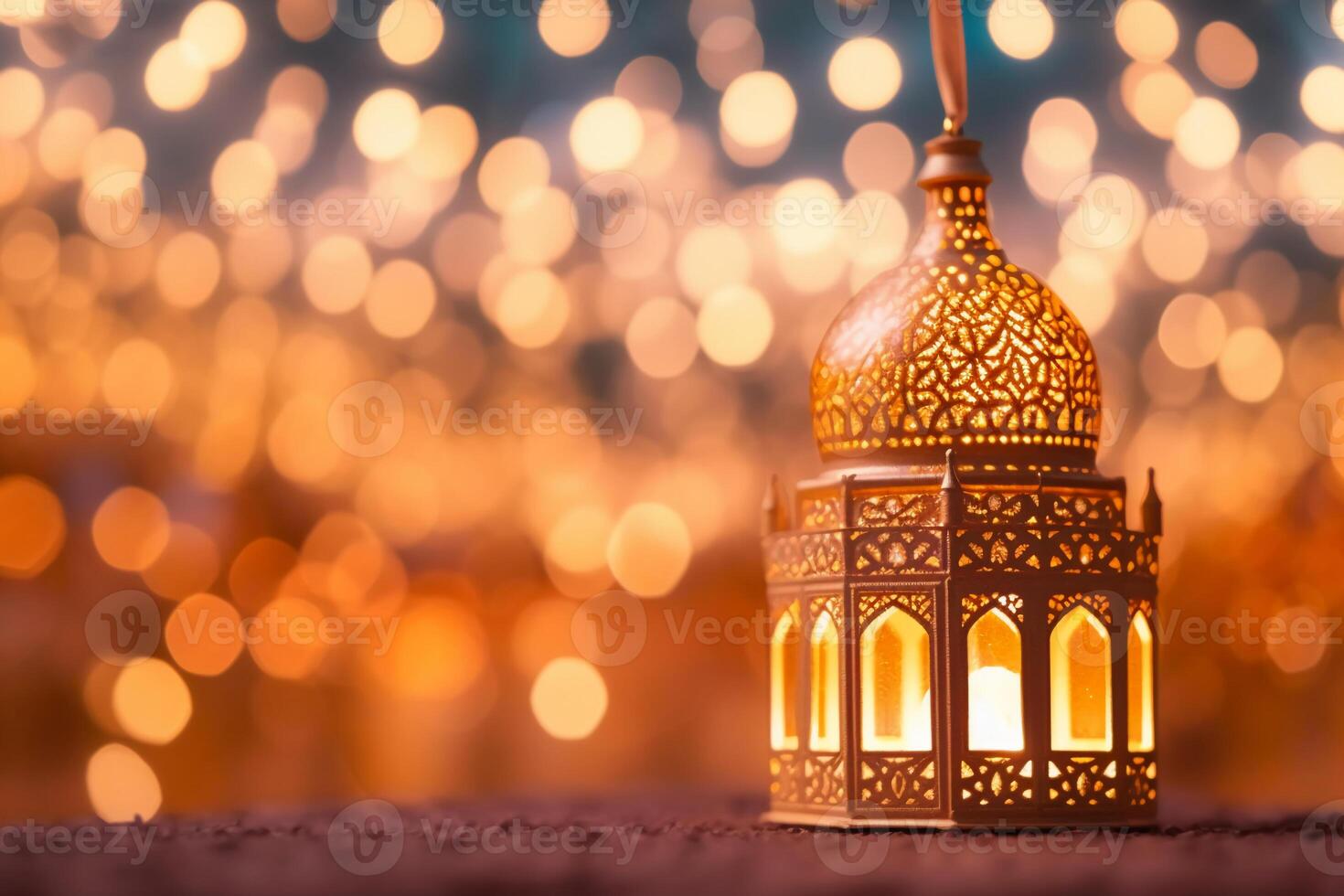 original traditionnel fleuri Oriental lanterne avec magnifique bokeh de vacances lumières et mosquée dans Contexte. ai génératif photo