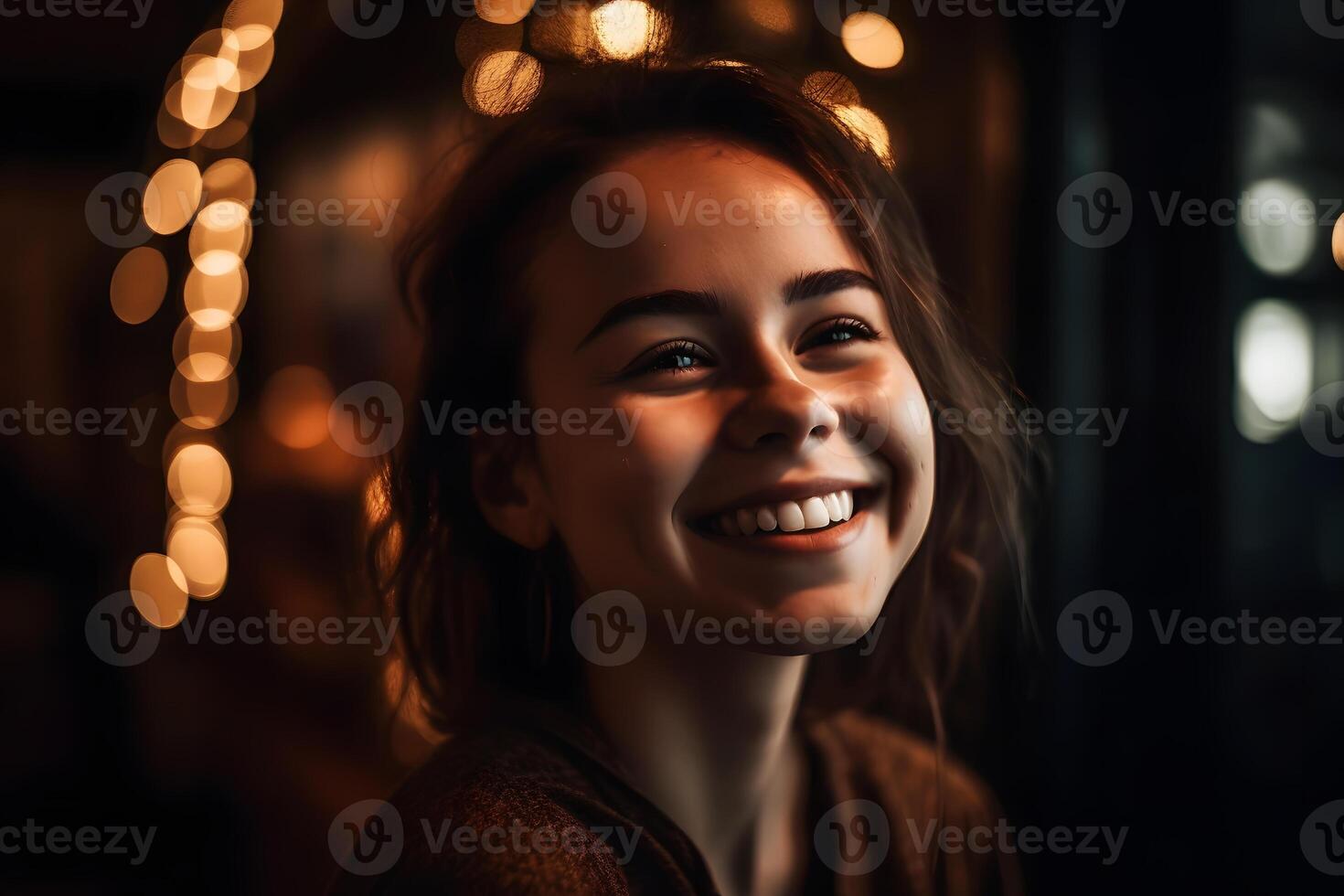 portrait de une content fille avec une sourire. neural réseau ai généré photo