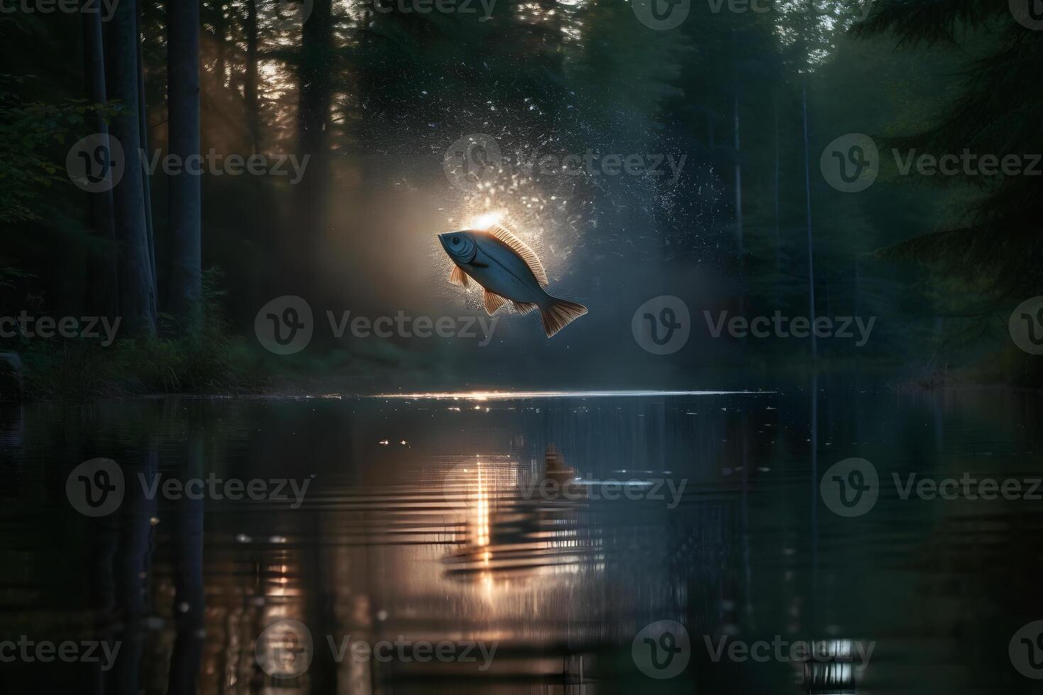 poisson sauter en dehors de le l'eau. neural réseau ai généré photo