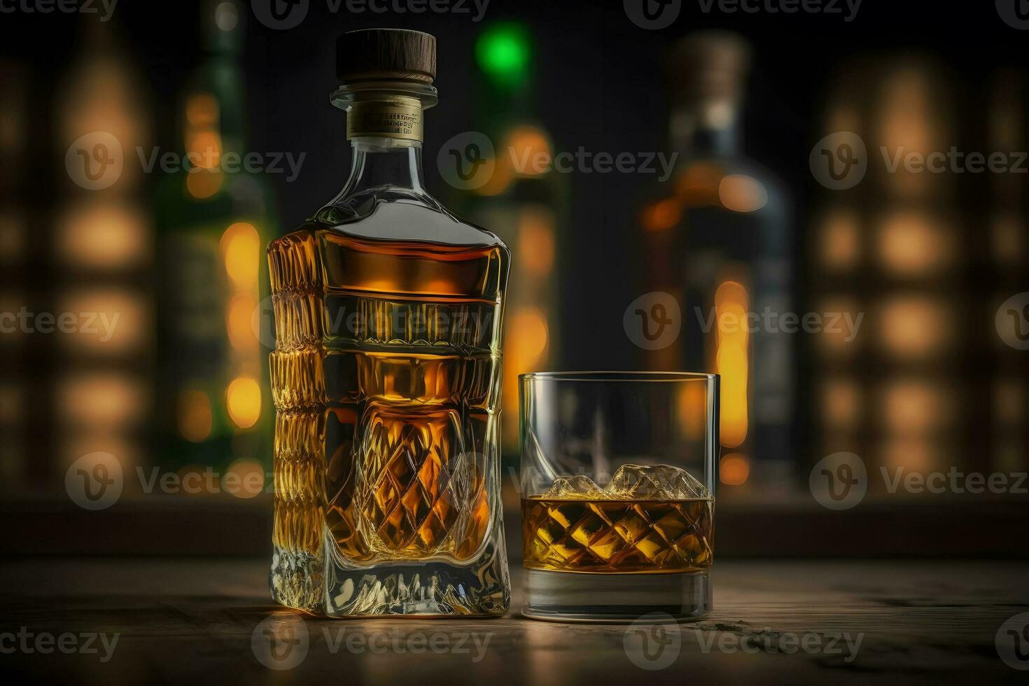 vieux whisky verre proche à ancien bouteille sur en bois tableau. neural réseau généré art photo