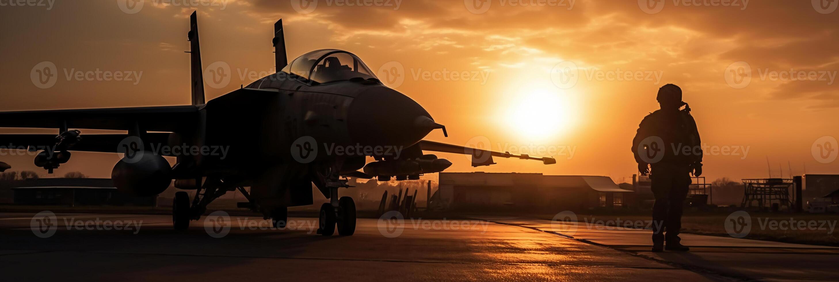 le coucher du soleil rétro-éclairé vue de militaire combattant jet pilote à côté de garé militaire force aérienne avion suivant à caserne ou hangar comme large bannière avec fond zone pour monde guerre conflits. ai génératif photo