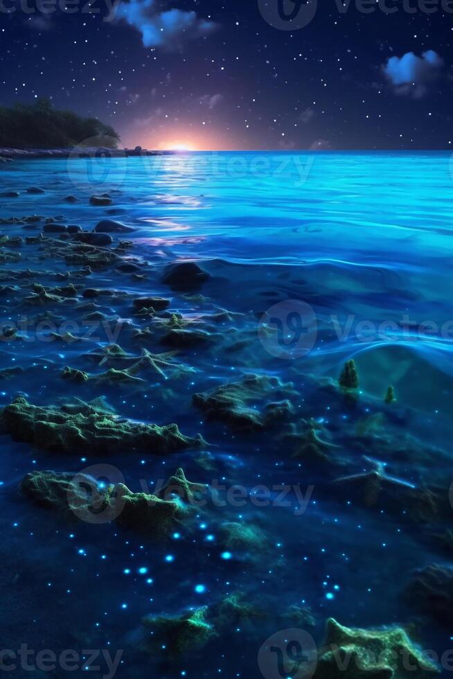 océan rive à nuit, le l'eau est plein de dinoflagellés, embrasé avec des millions brillant bleu néon lueur dans le foncé minuscule points. ai génératif photo
