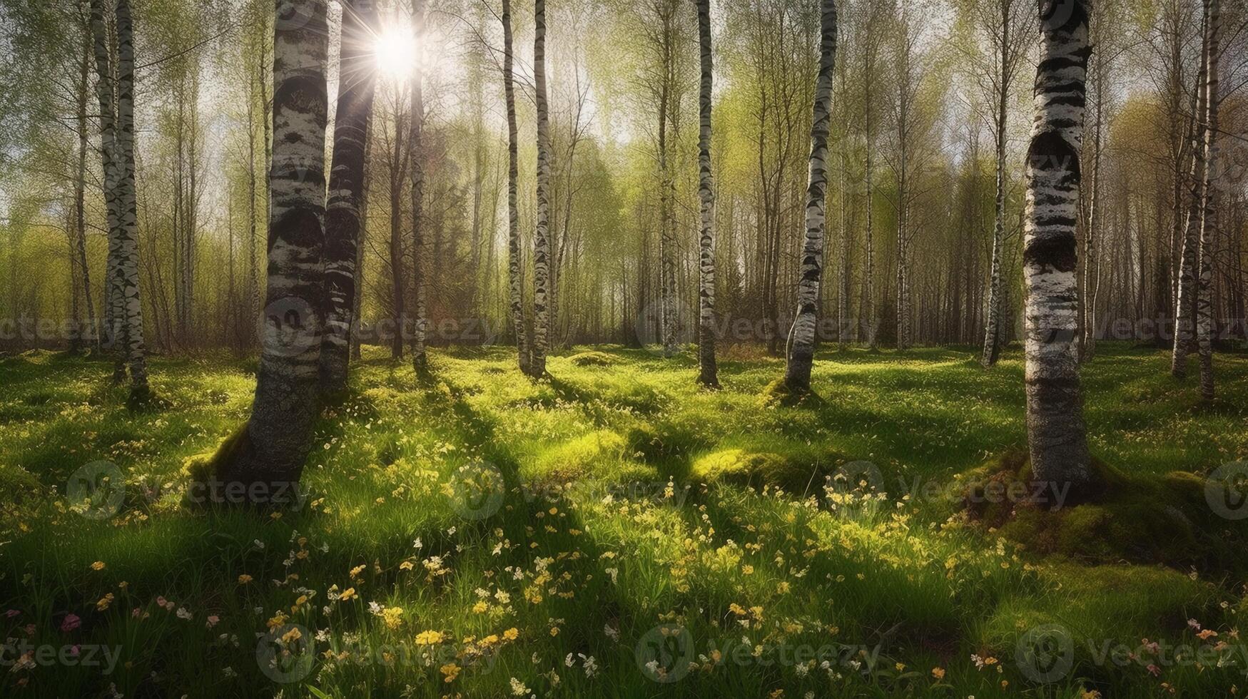 bouleau bosquet dans printemps sur ensoleillé journée avec magnifique tapis de juteux vert Jeune herbe et pissenlits dans des rayons de lumière du soleil, ai génératif photo