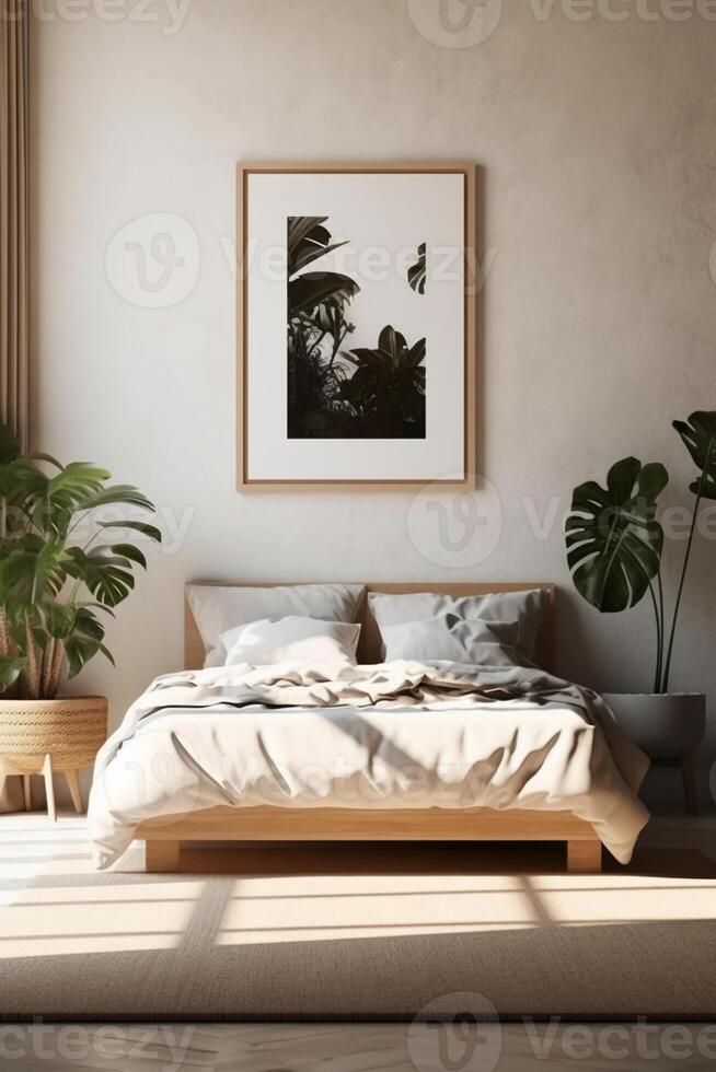 Vide blanc photo affiche Cadre avec noir bord dans moderne, luxe beige marron chambre à coucher, bois tête planche lit, gris couverture, oreiller, chevet tableau, paume plante d'appartement dans lumière du soleil. ai génératif