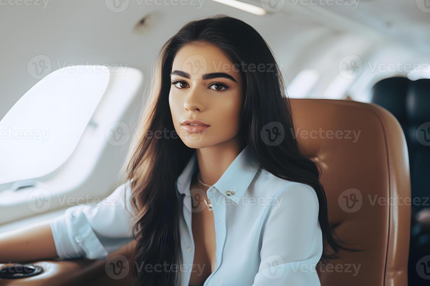 portrait de une réussi fille dans une privé jet. neural réseau ai généré photo