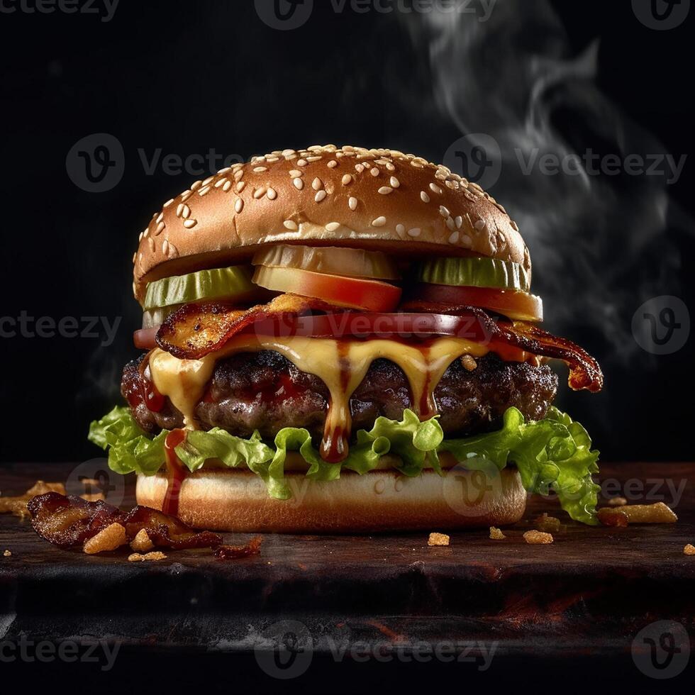 délicieux Hamburger avec frites et les boissons sur le table sur le café Contexte produit la photographie avec Nikon. vite nourriture concept. ai génératif photo