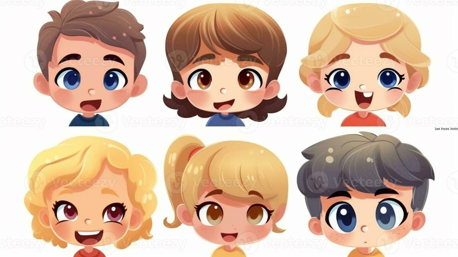 le ensemble de de bonne humeur dessin animé personnages avec brillant sourit et expressif visages amené immense joie et amusement à le les enfants dans le vibrant illustration. photo