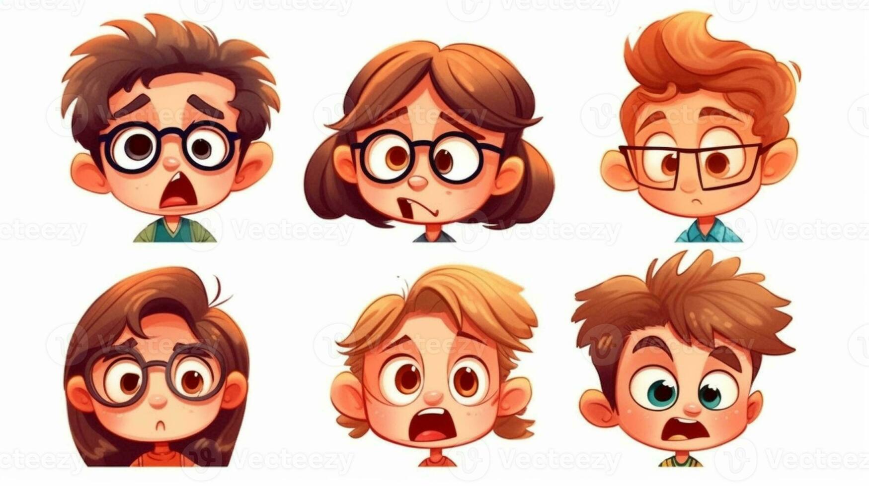 le ensemble de de bonne humeur dessin animé personnages avec brillant sourit et expressif visages amené immense joie et amusement à le les enfants dans le vibrant illustration. photo