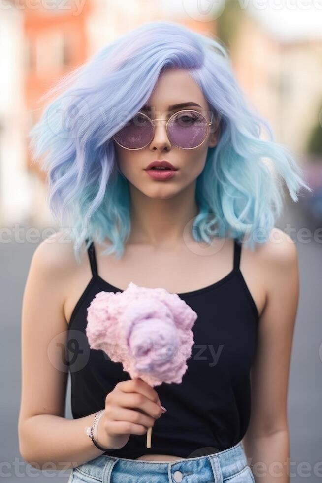 Jeune hispitre femme avec bleu coloré cheveux en marchant sur le rue en mangeant coton bonbons. génératif ai photo