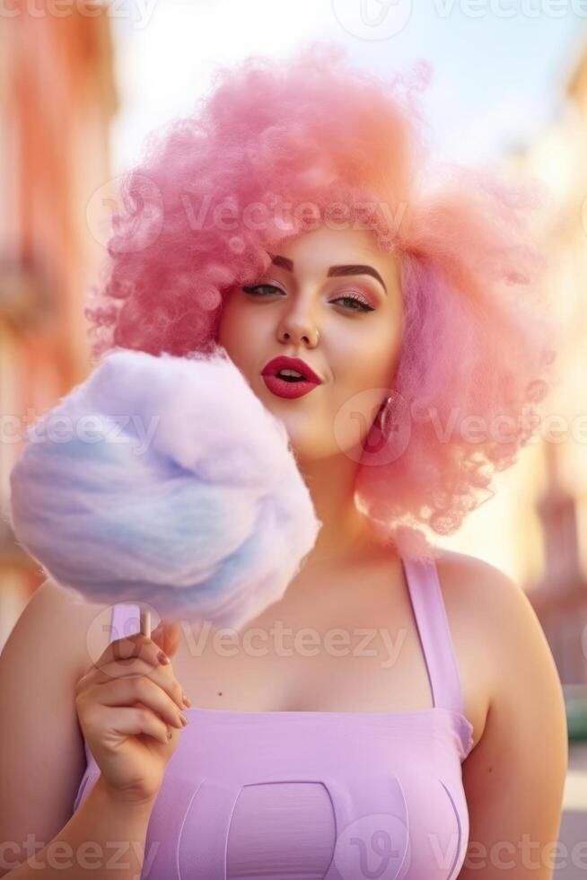 Jeune femme avec rose coloré cheveux en marchant sur le rue en mangeant coton bonbons. génératif ai photo