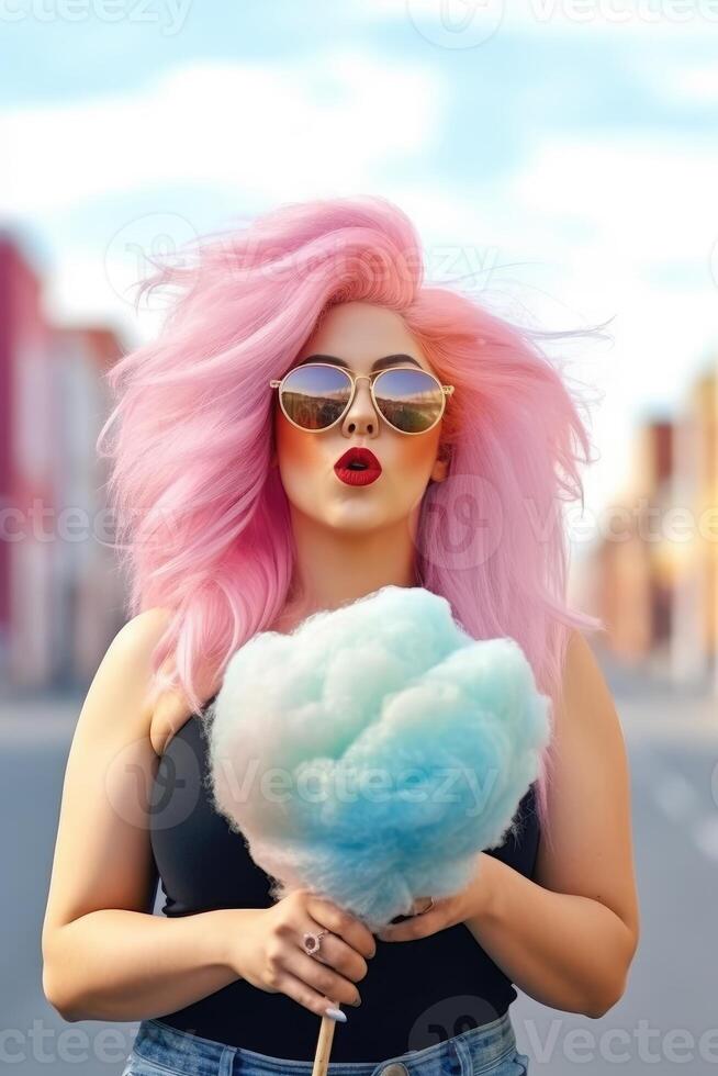 Jeune femme avec rose coloré cheveux en marchant sur le rue en mangeant coton bonbons. génératif ai photo