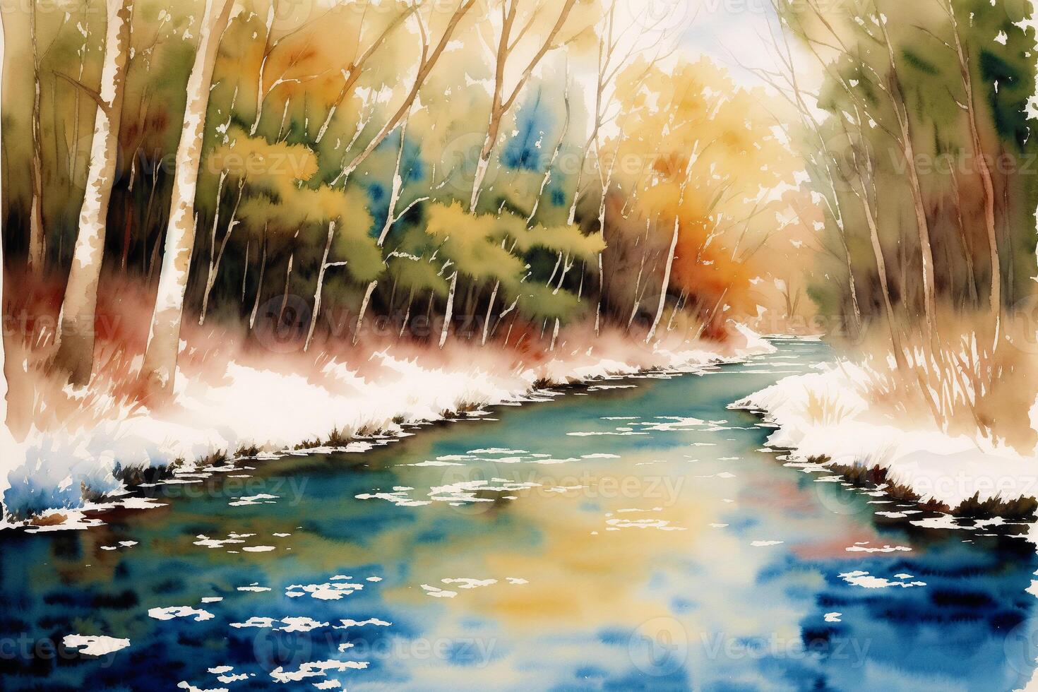 tranquille été paysage. une aquarelle La peinture de parc, lac, champ et rivière. génératif ai photo