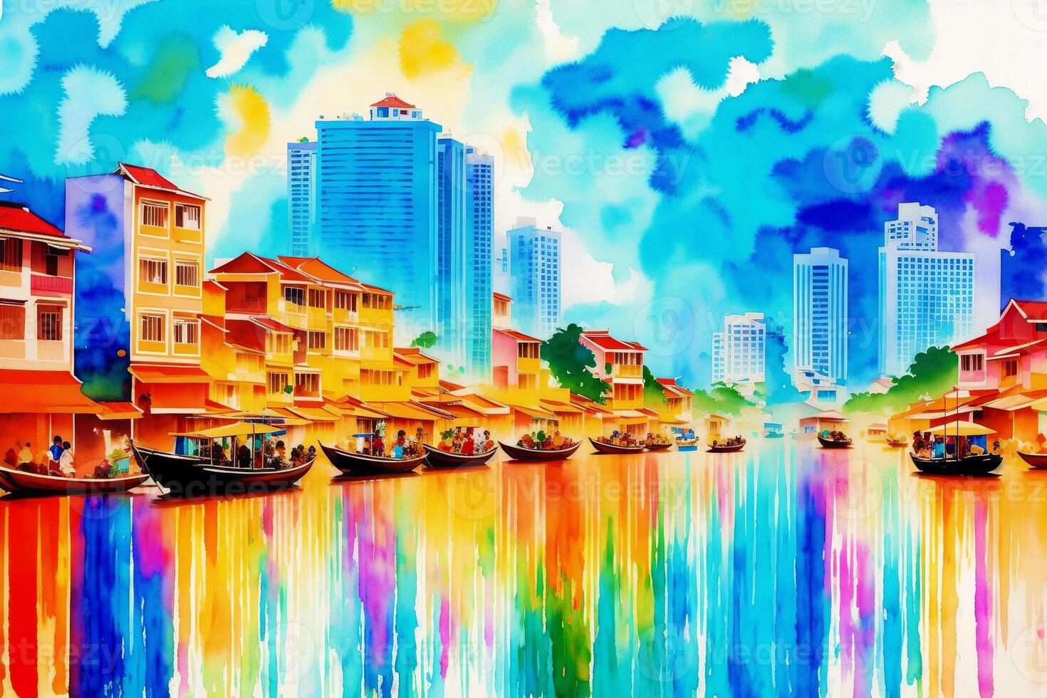 une aquarelle ville. couleurs de Thaïlande. aquarelle La peinture de une thaïlandais ville. génératif ai photo