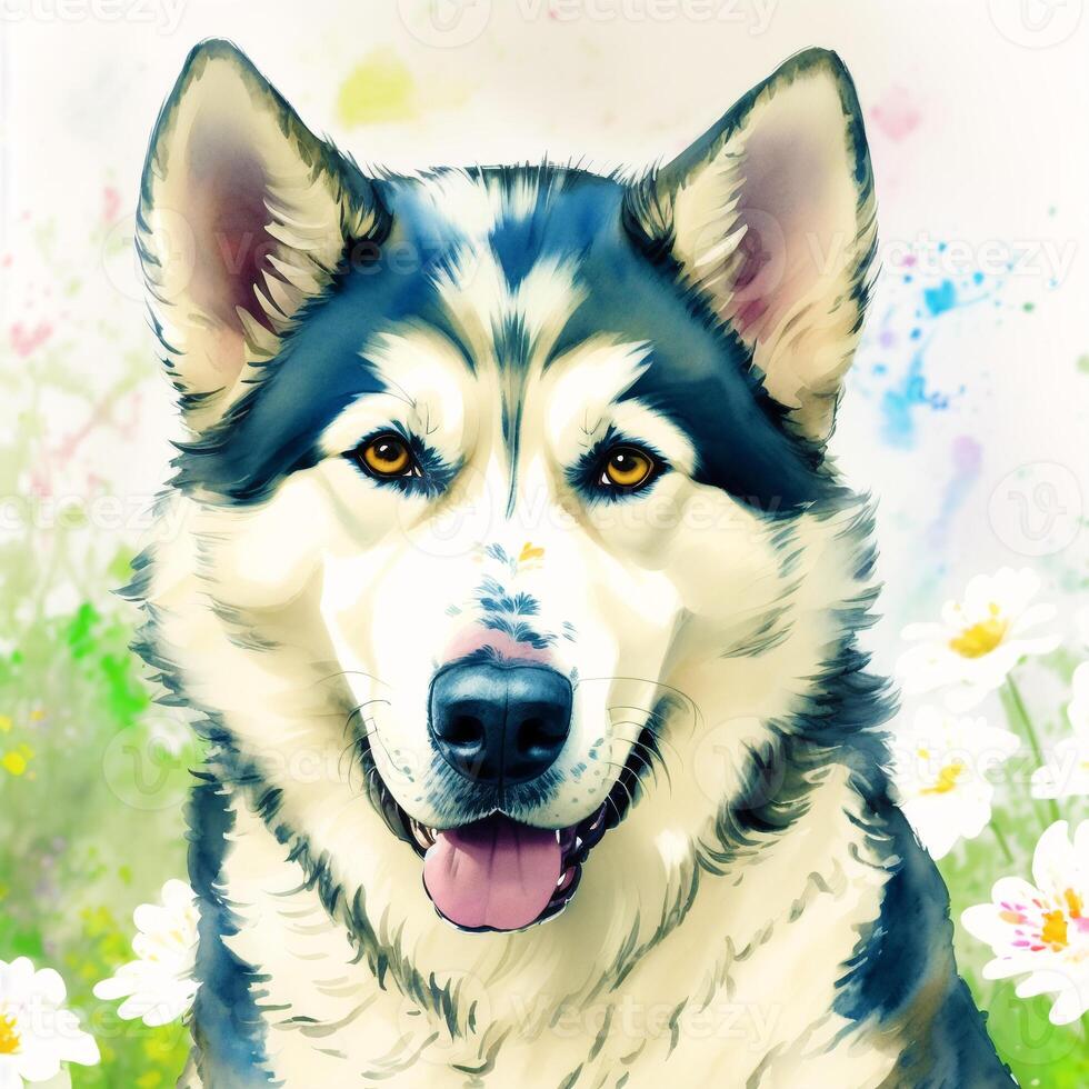 une magnifique alaskan rauque chien. aquarelle peinture. majestueux les sentiers. génératif ai photo