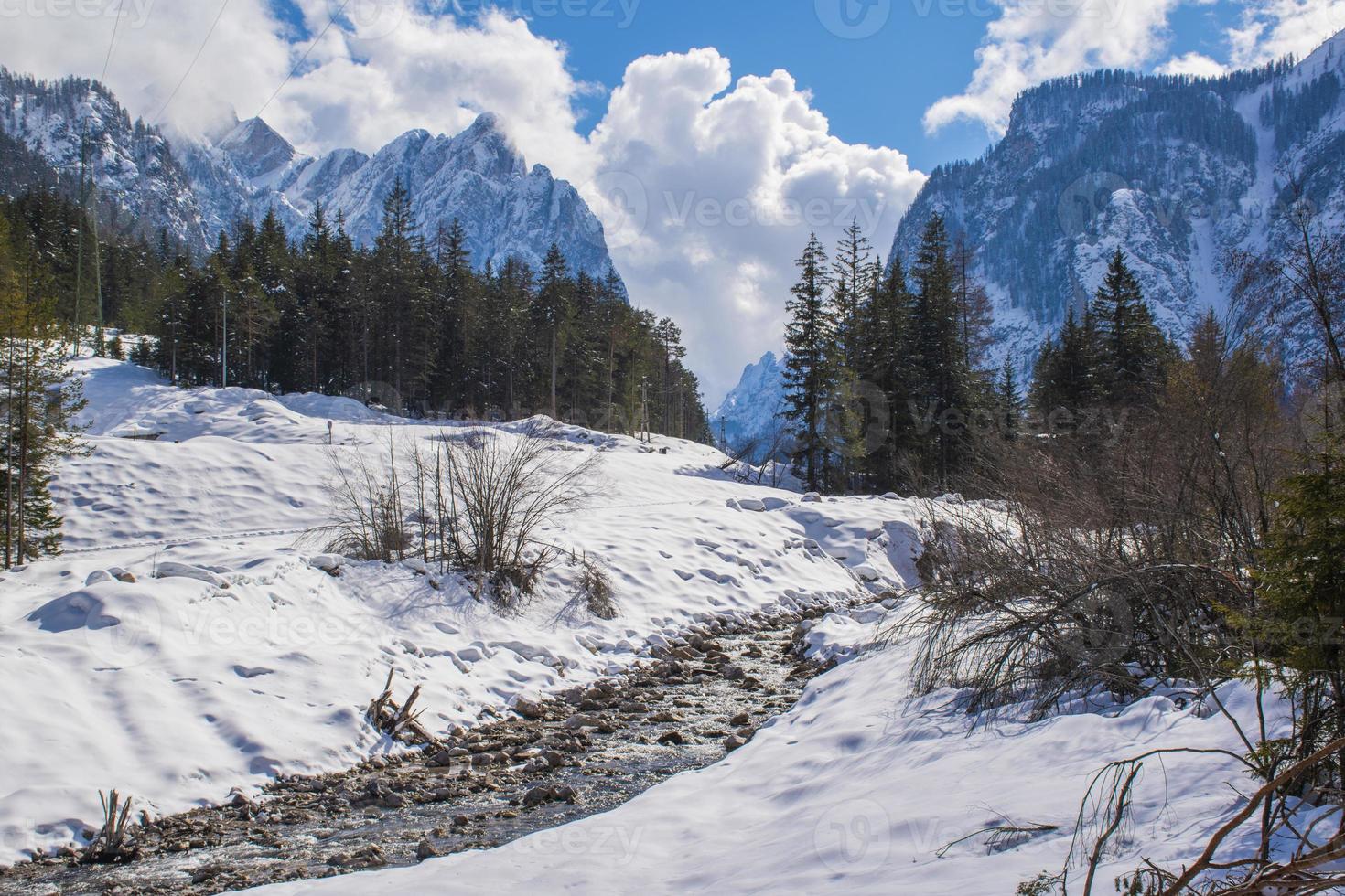 ruisseau entre la neige et les sommets photo