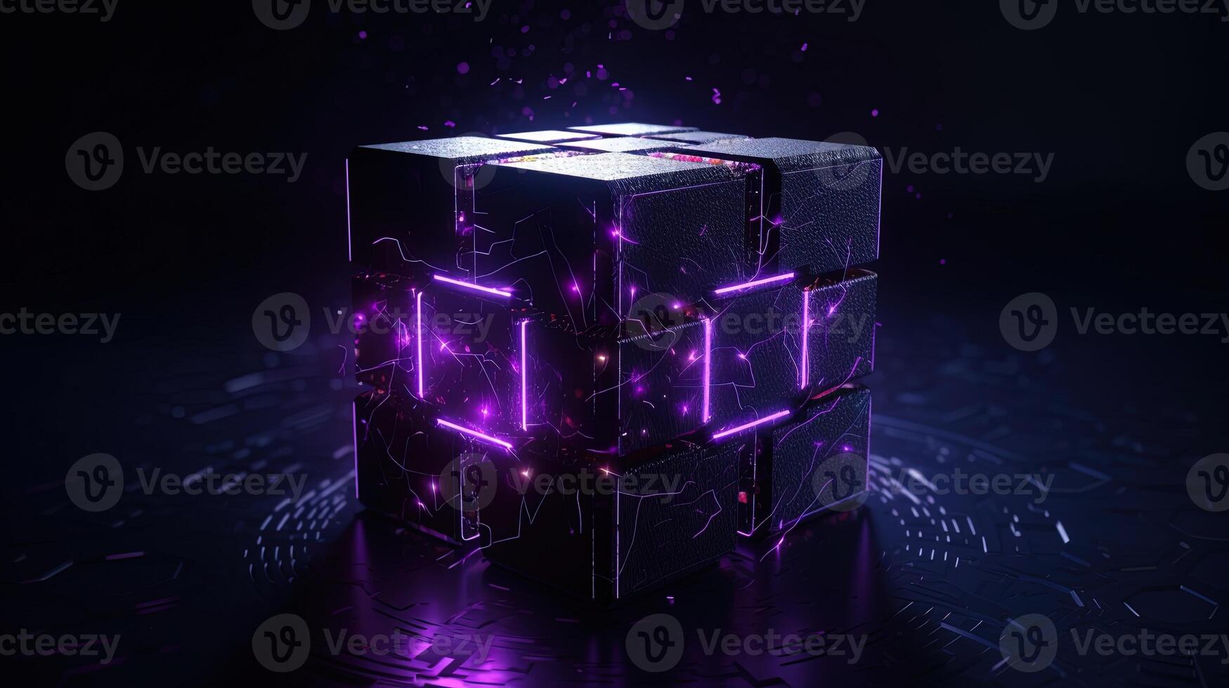 3d le rendu de noir cubes avec violet néon lumières sur noir fond.ai génératif photo