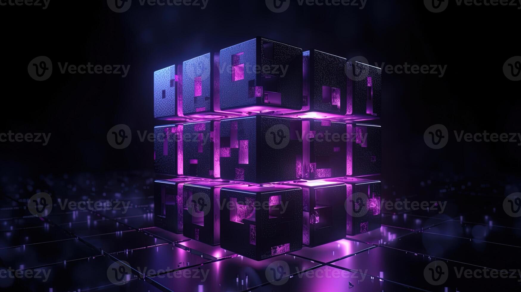 3d le rendu de noir cubes avec violet néon lumières sur noir fond.ai génératif photo