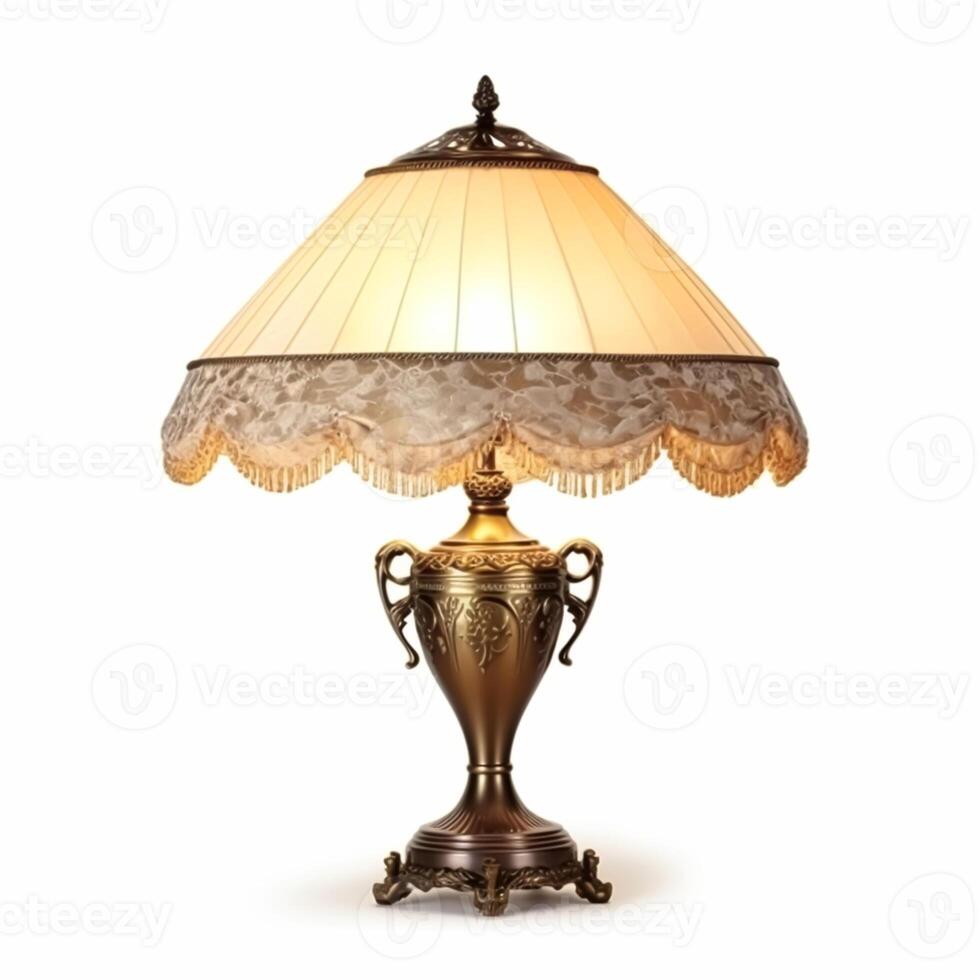 ancien pays style antique table lampe avec une magnifique abat-jour conception isolé sur blanc arrière-plan, intérieur conception et chalet Accueil décor, post-traité, génératif ai photo