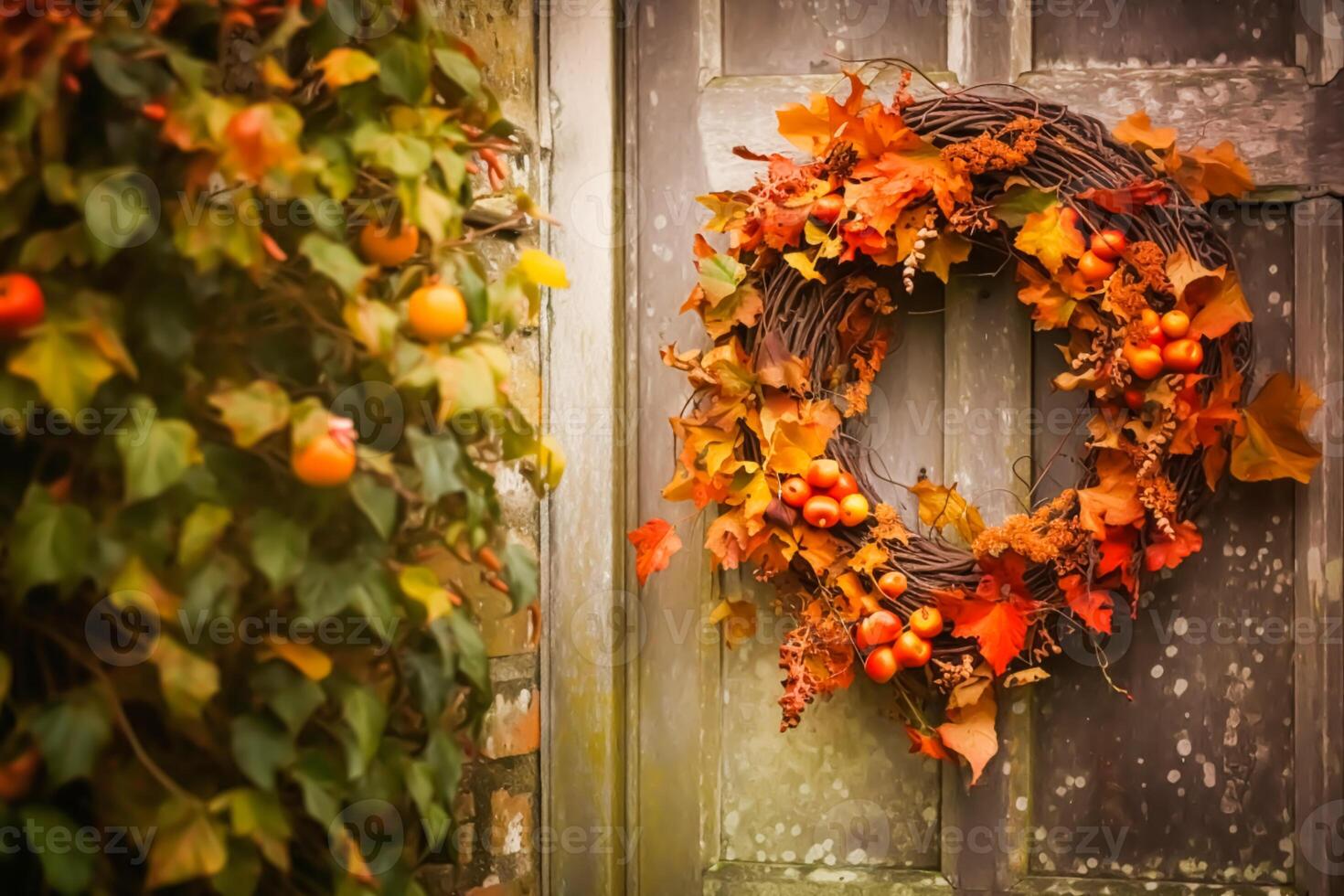 l'automne couronne décoration sur une classique porte entrée, accueillant l'automne vacances saison avec automnal décorations, génératif ai photo