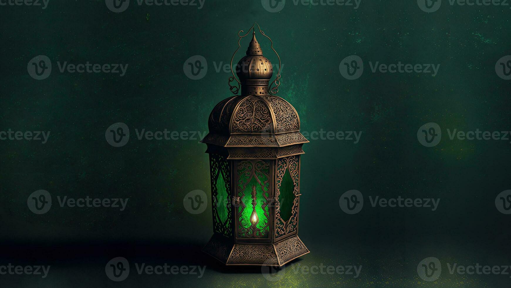 réaliste illuminé arabe lanterne sur vert Contexte. 3d rendre. photo