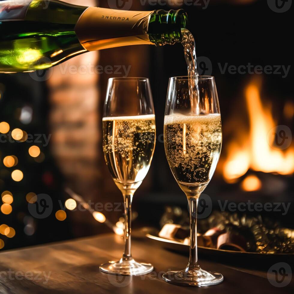 Champagne dans de face de une cheminée sur une vacances veille fête, joyeux Noël, content Nouveau année et content vacances vœux, génératif ai photo