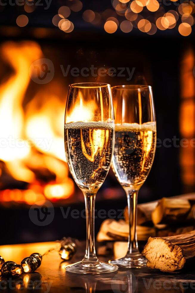 Champagne dans de face de une cheminée sur une vacances veille fête, joyeux Noël, content Nouveau année et content vacances vœux, génératif ai photo