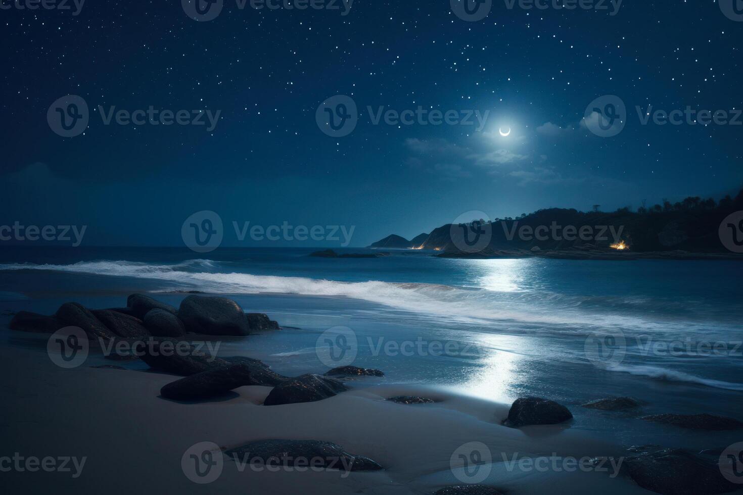 brillant nuit paysage par le mer à plein lune génératif ai photo