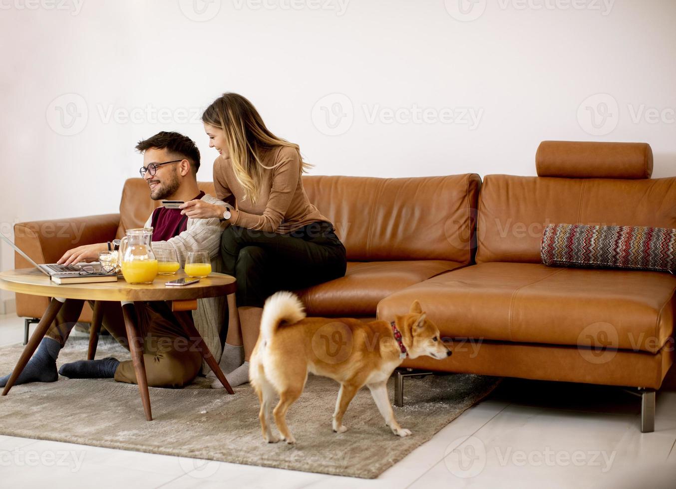Jeune femme et jeune homme utilisant un ordinateur portable pour le paiement en ligne alors qu'il était assis par un canapé avec leur chien shiba inu à la maison photo