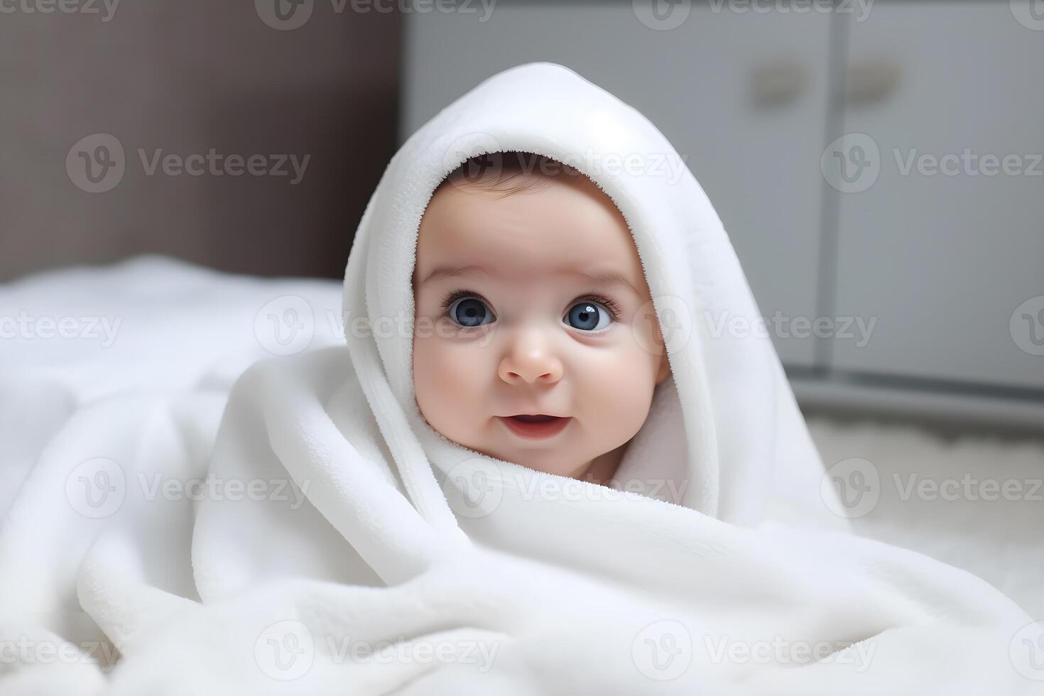 mignonne blanc bébé à la recherche en dehors de une lit feuille sur une lit. photo