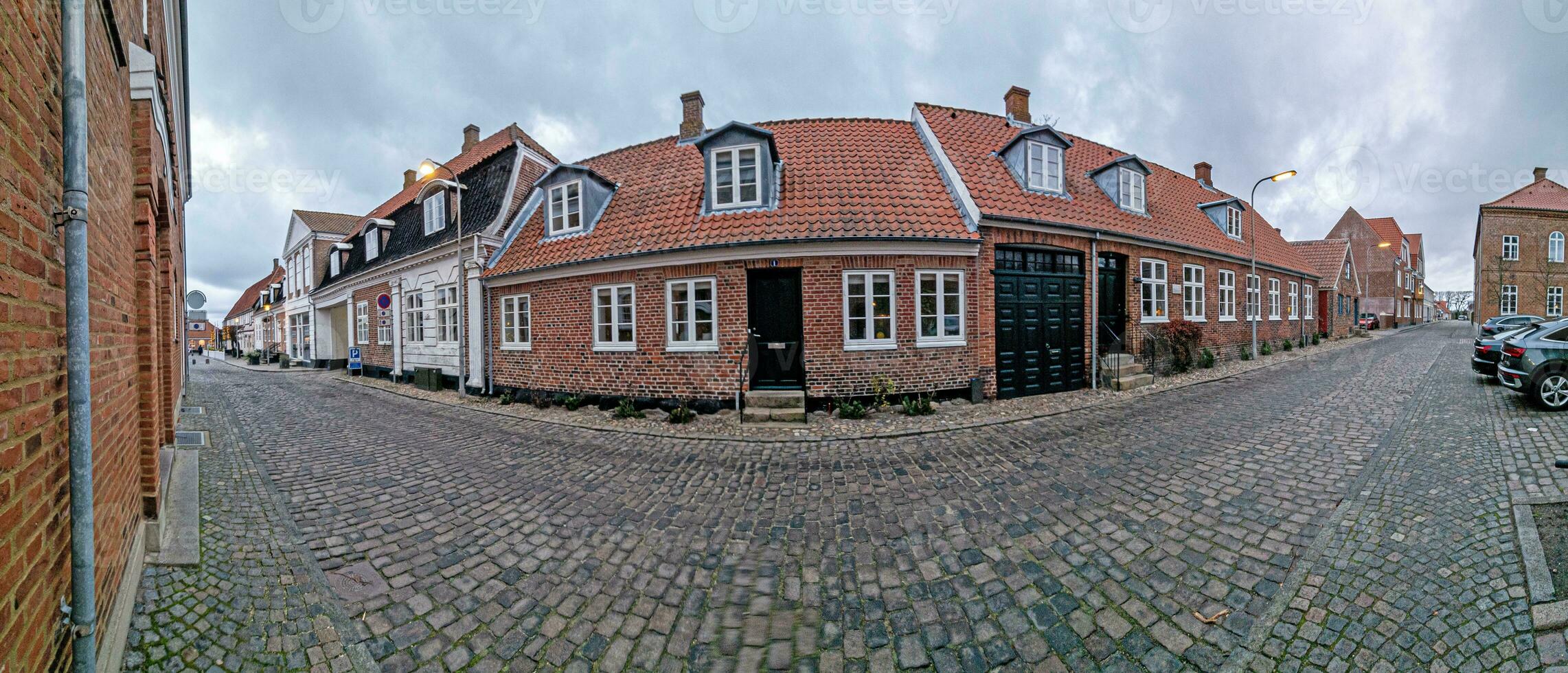 panoramique image plus de une typique rue scène de une danois village photo