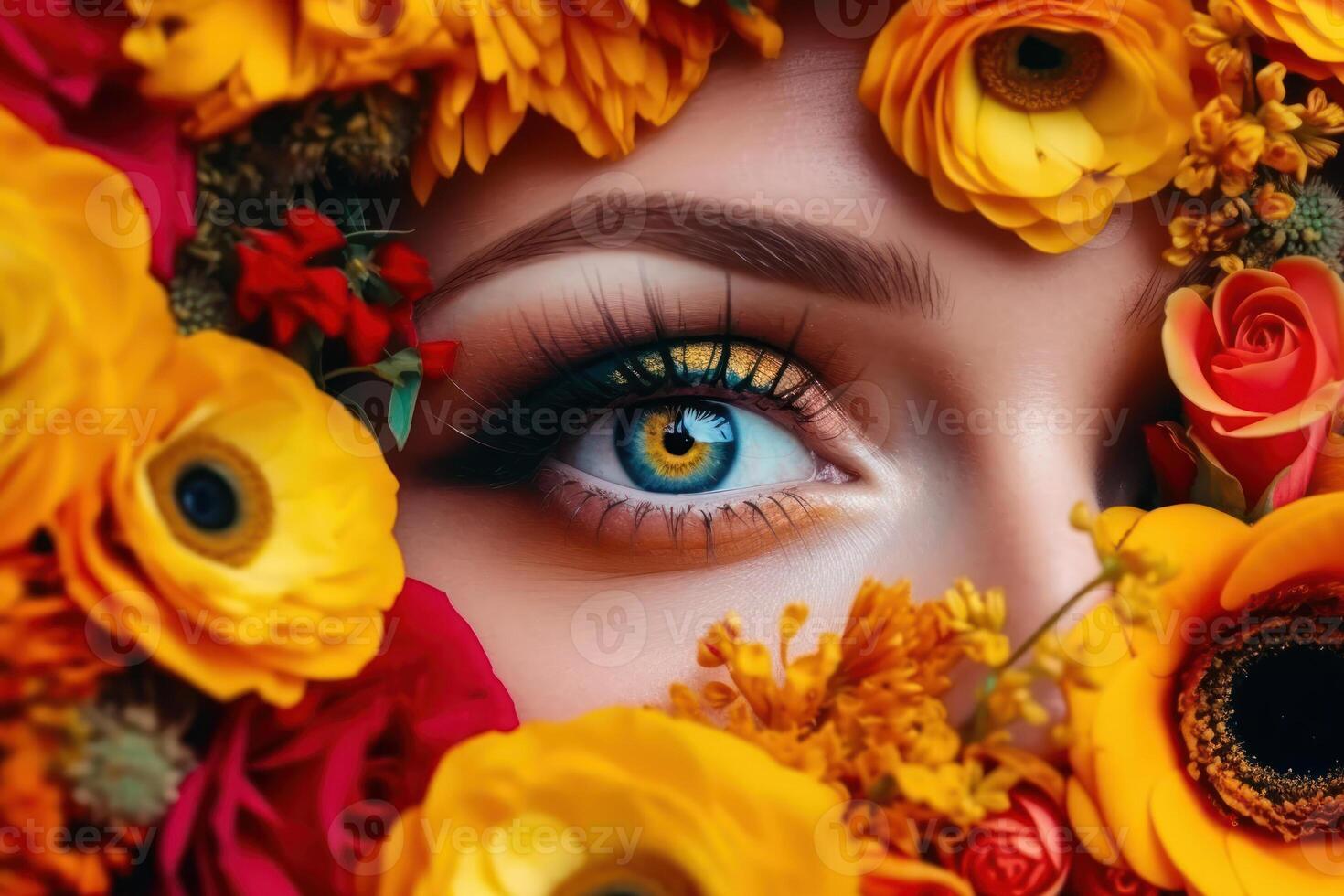 femelle œil avec carnaval maquillage dans fleurs, la féminité beauté peau se soucier génératif ai photo