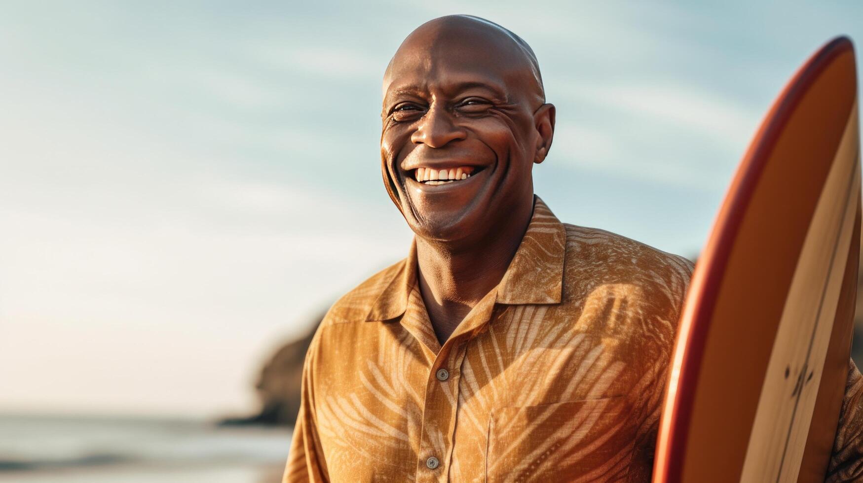 souriant homme avec le surf planche. illustration ai génératif photo