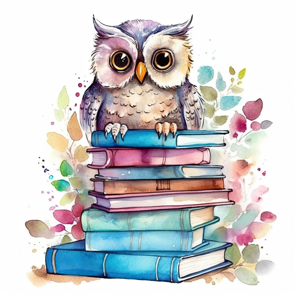 aquarelle hibou avec livres isolé. illustration ai génératif photo