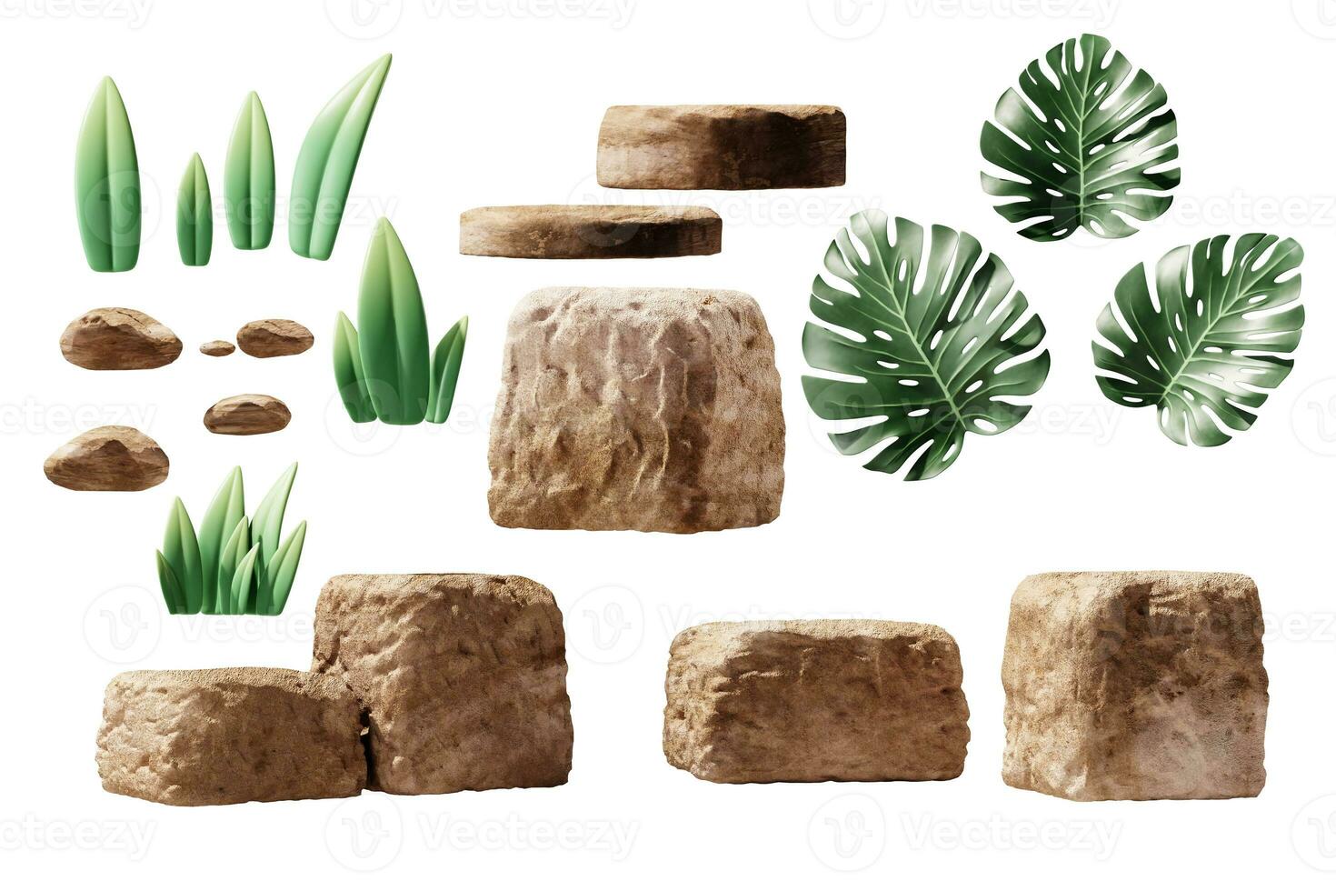 Roche pierre et plante ensemble isolé sur blanc Contexte 3d le rendu photo