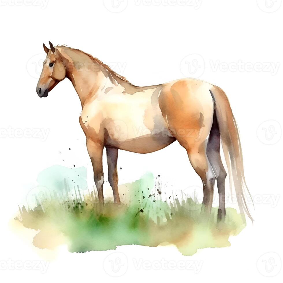 génératif ai contenu, aquarelle marron cheval dans vert herbe sur une blanc Contexte. cheval illustration. blanc arrière-plan, isolé objet. photo