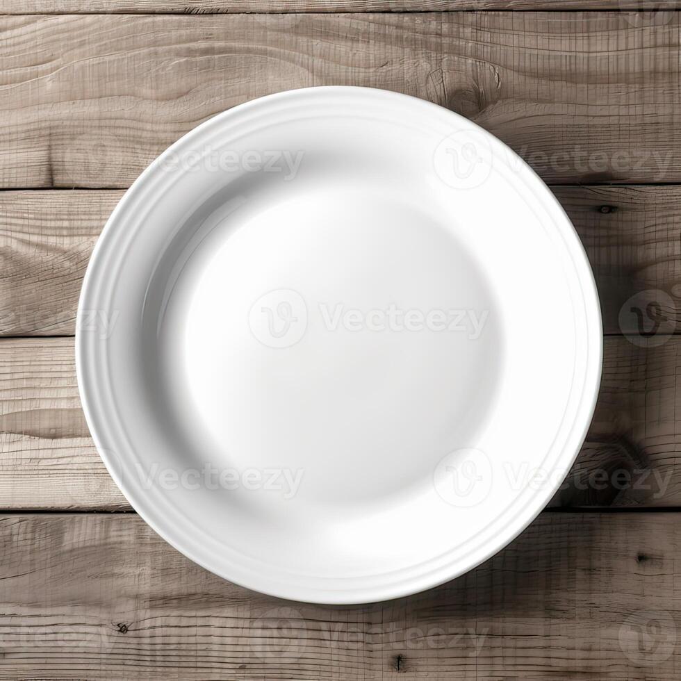 un vide assiette sur une blanc en bois tableau. Haut vue de blanc céramique assiette sur blanc en bois. génératif ai. photo