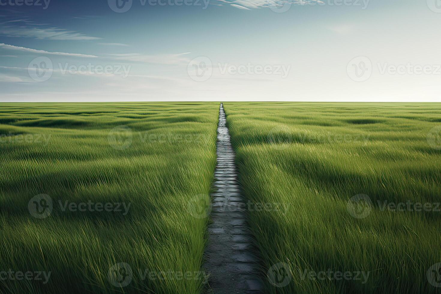 le paysage de herbe des champs et bleu ciel route de premier plan de dans le distance. génératif ai. photo