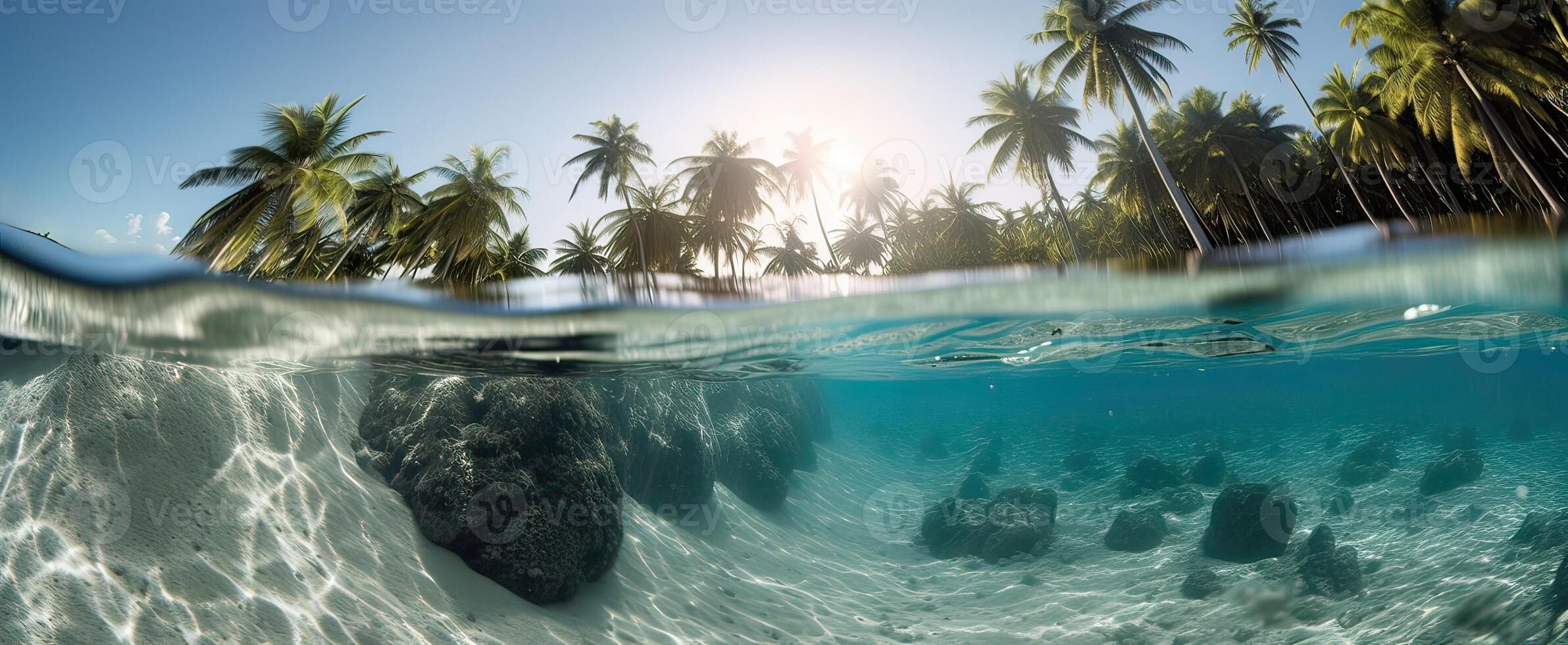 tropical île et corail récif - Divisé vue avec ligne de flottaison. magnifique sous-marin vue de seul petit île au dessus et au dessous de le l'eau surface dans turquoise des eaux de tropical océan. génératif ai. photo