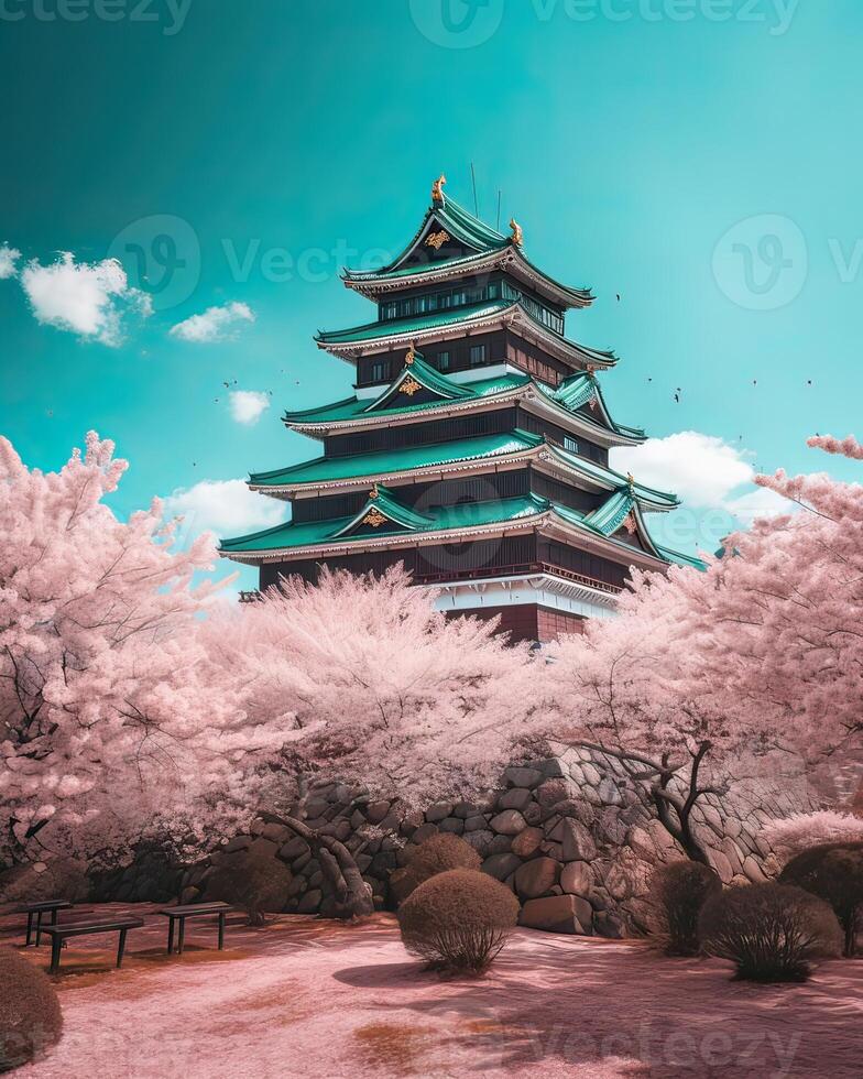 Japonais Château et magnifique rose Cerise fleurir. génératif ai. photo